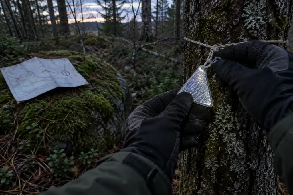 Handskbeklädda händer tar ner en reflex från ett snöre i skogen under ett reflexspår i tallskog i skymning.