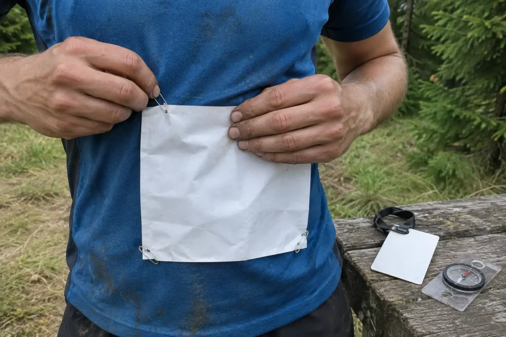 Händer fäster ett tomt nummerlapp på en löpartröja inför o ringen i skogen